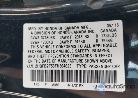 2015 Honda Civic Lx z USA, uszkodzony, nr VIN 2HGFB2F53FH564623